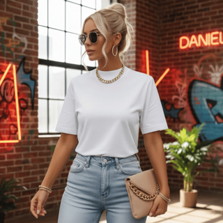 T-Shirt Feminina Gola Alta Com Manga Oversized Algodão Menegotti Básica Camiseta Moda Estilosa Preta Marrom Branca em Oferta na Shopee