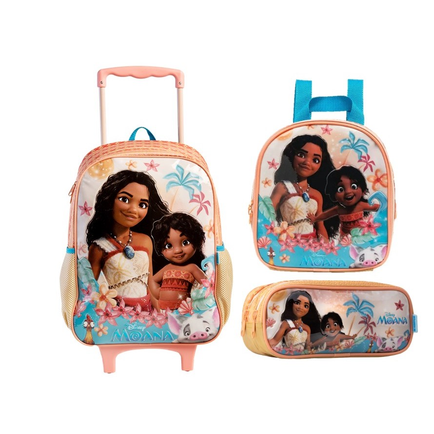 Kit Mochila Rodinha Escolar Moana Lancheira Estojo 2026 Verde-claro Moana