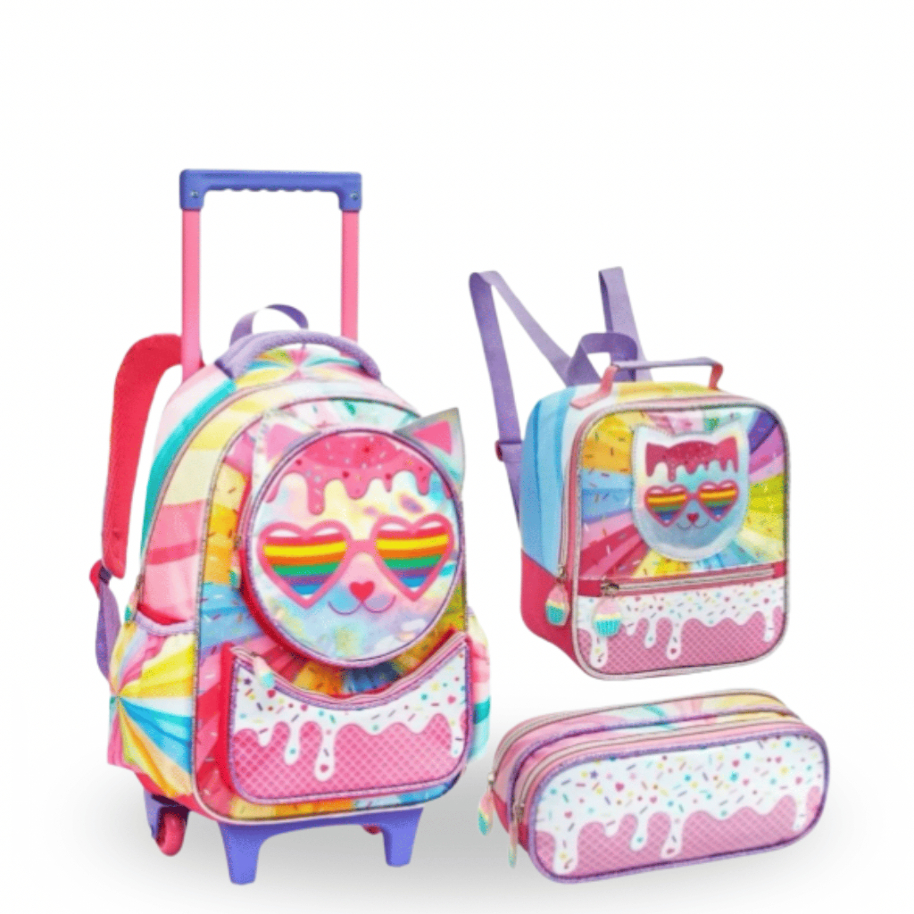 Kit Cat Candy Mochila Rodinha Estojo Lancheira Gato Escolar Viagem Meninas em Oferta na Shopee