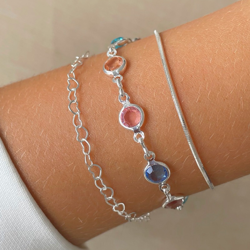 Kit de Pulseira Prata 925 Légitima Feminina Fio Liso Colorido Metalizado ou Pérola ouro18k