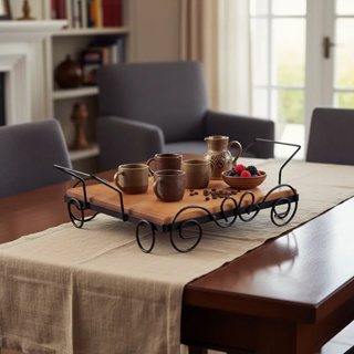 Bandeja Artesanal De Mesa Em Ferro E Madeira Retangular Rústica em Oferta na Shopee