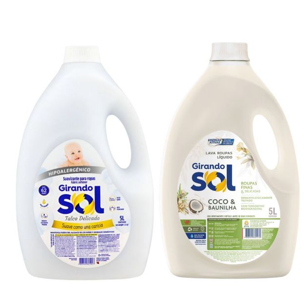 Sabão Líquido Lava Roupas 5l Coco e Baunulha - Amaciante 5l Hipoalergênico Girando Sol Unidade e Kit