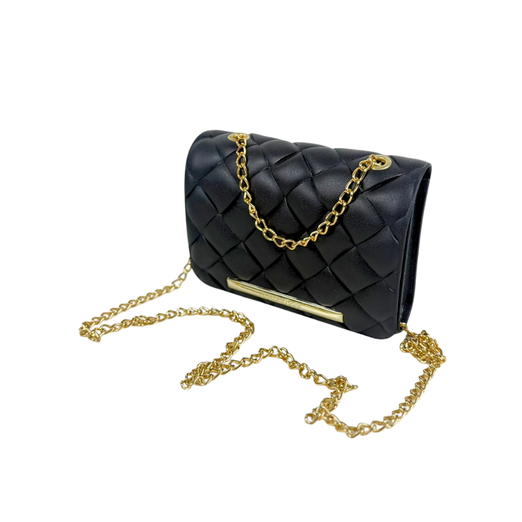Bolsa De Lado Feminina Lateral Com Corrente Matelassê Festa Cor Preto Com Dourado