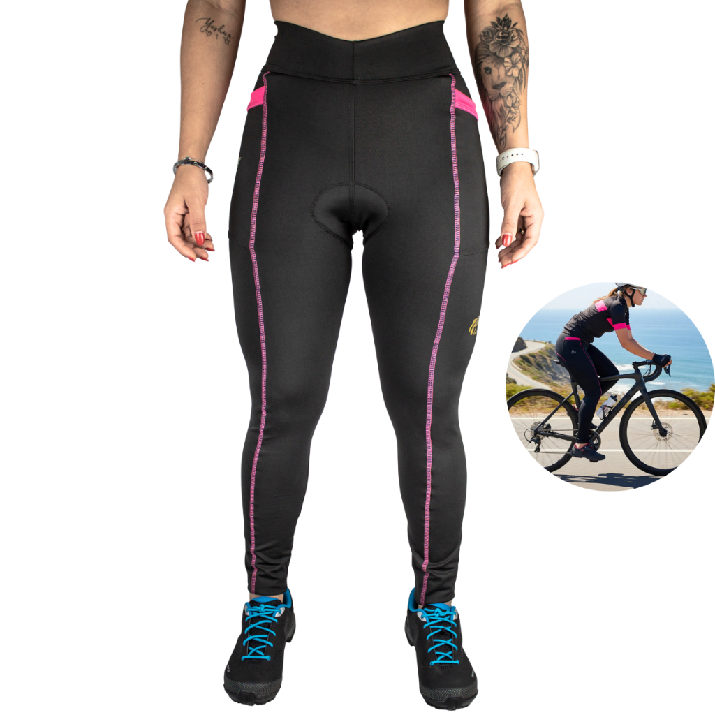 Calça Ciclismo Compressão Bike MTB Feminina Rosa Forro Gel Alta Densidade Uv Com bolsos