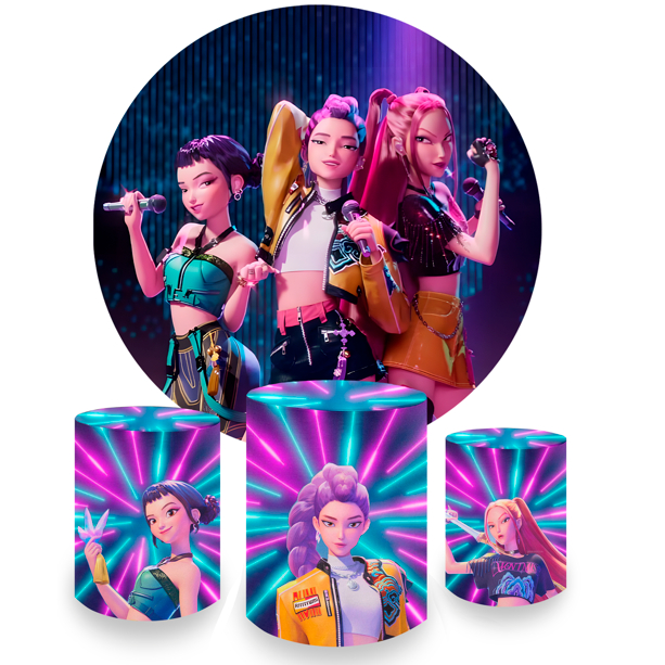 Painel Redondo + Trio Cilindros Decoração Guerreiras Kpop 01