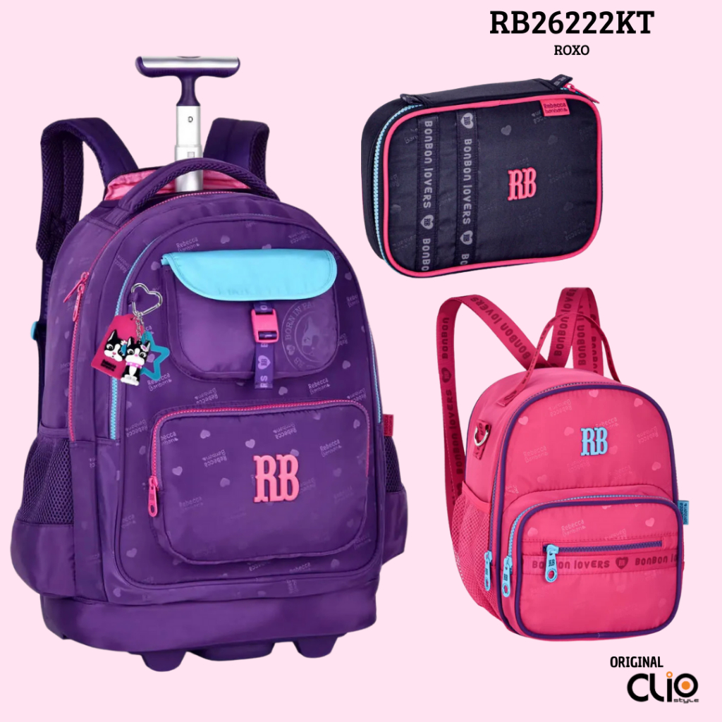 Clio Style - Kit Escolar Infantil - 3 Peças Rebecca Bonbon - Mochila carrinho + Lancheira + Estojo 36L/96L - RB26222KT em Oferta na Shopee