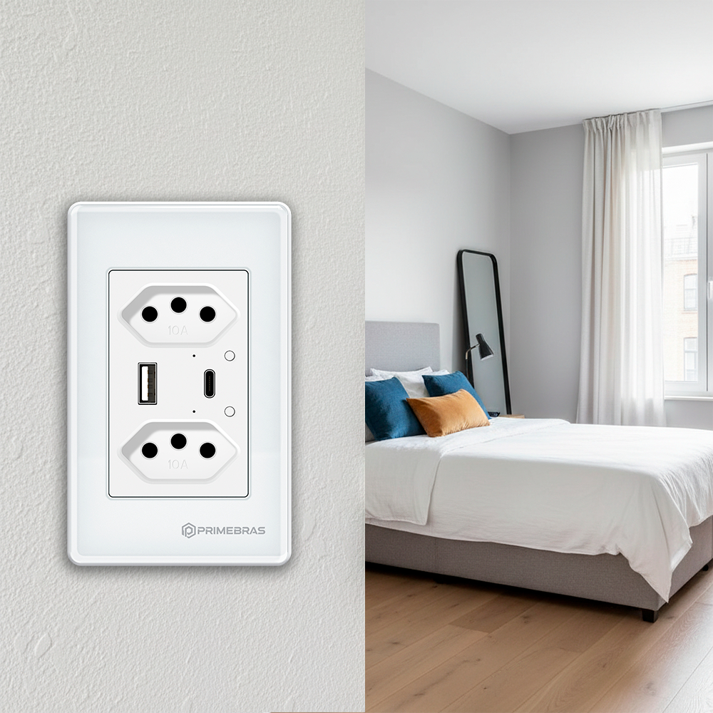 Tomada Dupla Inteligente Wi-fi C/ Com Usb e Usb-c Primebras TP1220B