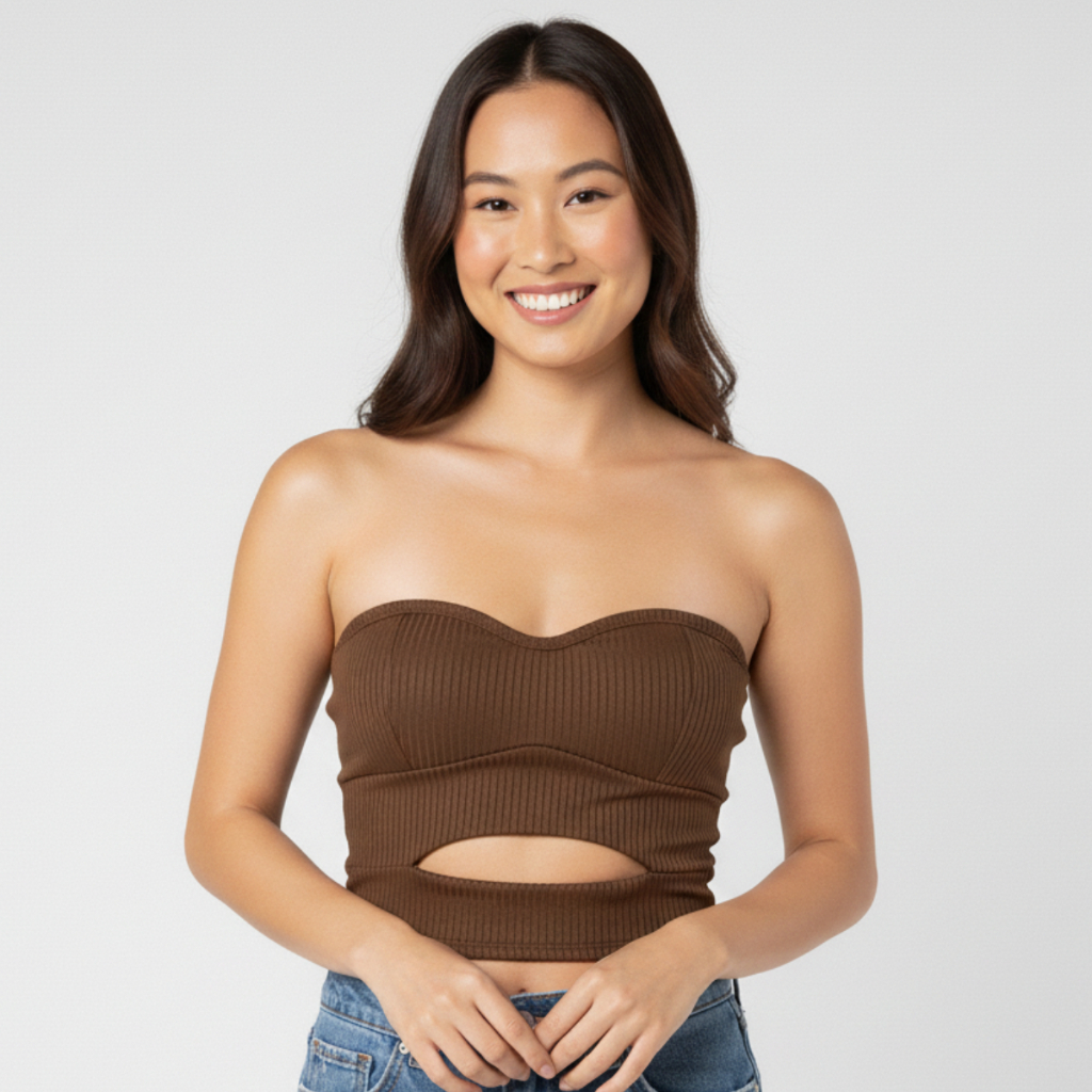 Top Cropped Marrom Bojo Feminino Ribana Canelada Tam Unico Elegante Premium