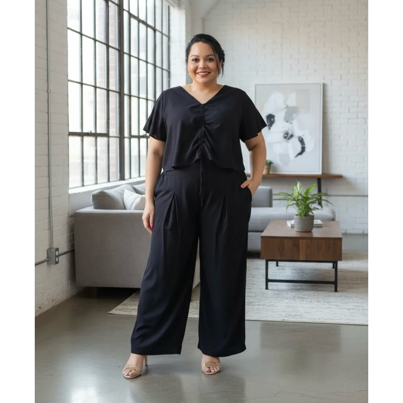 Conjunto Plus Size G1 a G4 Viscolinho Calça Pantalona e Cropped Preto Elegante e Confortável (48 a 54)