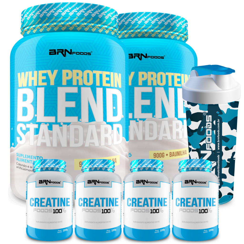 Kit 2x Blend Standard 900g + 4x Creatina 100% Pura 100g + Coqueteleira 600ml - BRN Foods em Oferta na Shopee