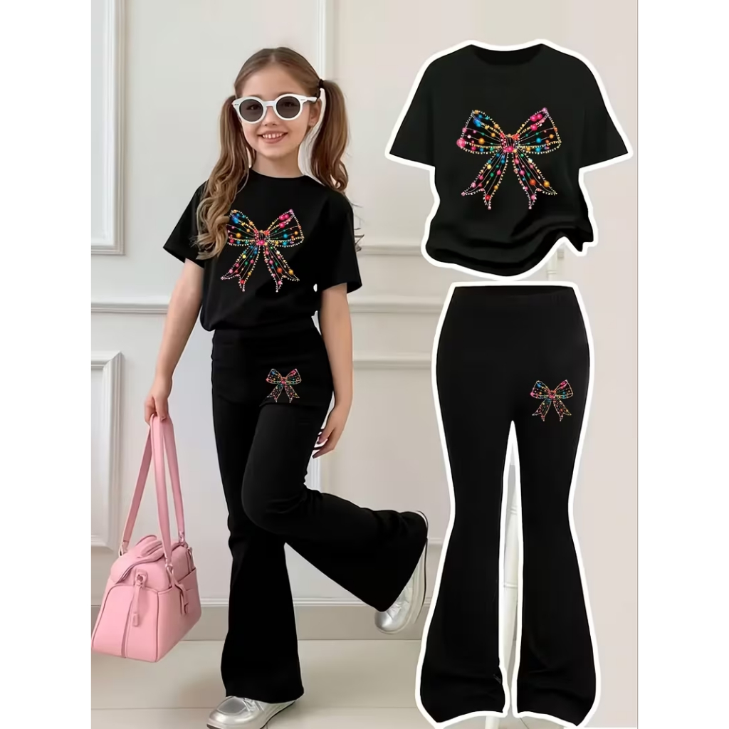 conjunto infantil camiseta+calça flare moletom look estiloso laço colorido