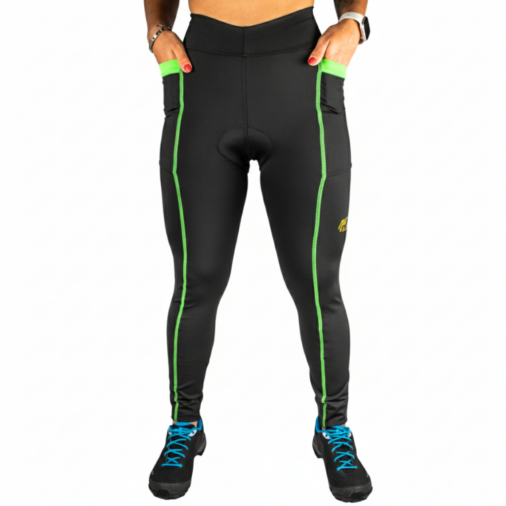 Calça Ciclismo Compressão Bike Mtb Feminina Verde Neon Forro Gel Alta Densidade C/bolsos UV