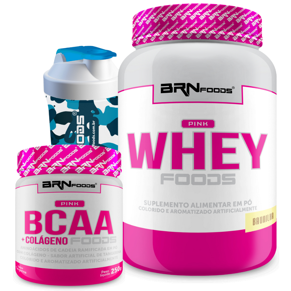 Kit Whey Protein Pink Whey 2kg + Pink BCAA com Colágeno 250g + Coqueteleira - BRN Foods em Oferta na Shopee