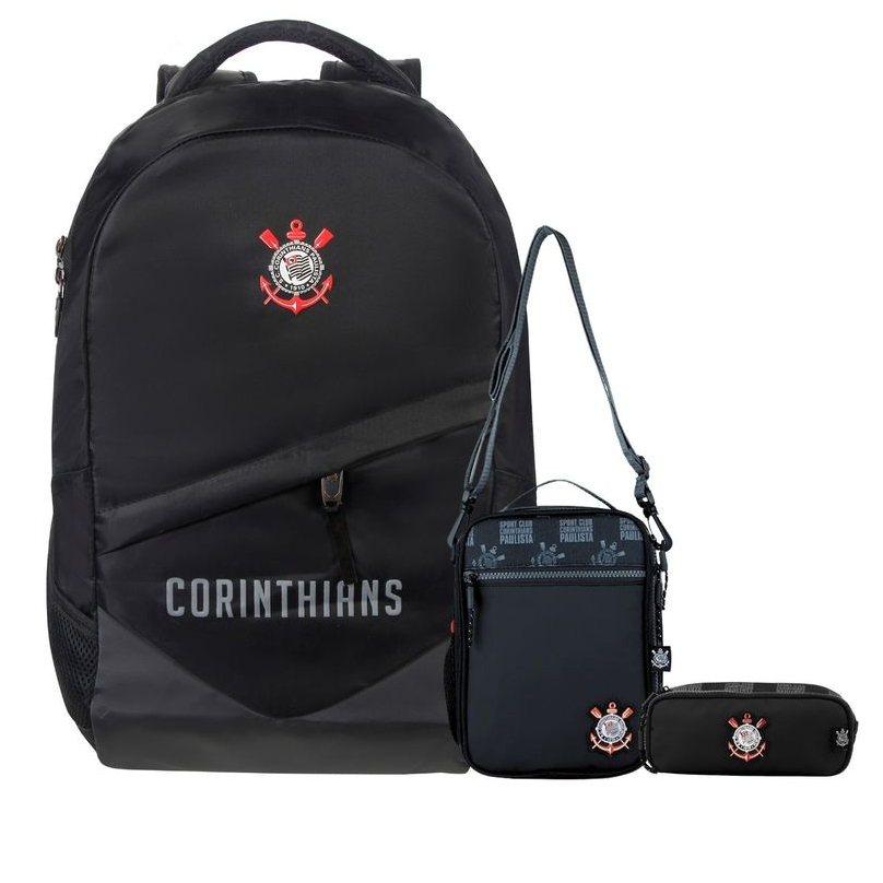 Kit Conjunto Escolar Juvenil Menino Futebol Time Corinthians Timão Mochila Costas + Lancheira + Estojo