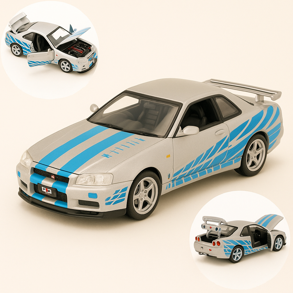Miniatura Nissan Skyline GT-r R34 Velozes e Furiosos Brian 1:32 Luz Som Fricção Azul Cinza
