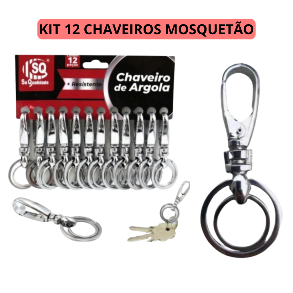 Kit 12 Chaveiros Mosquetão Chaveiro Gancho Argolas Dupla Metal Resistente Organizador de Chaves