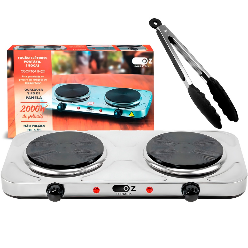 Fogão Elétrico De Mesa Portátil Cooktop 2 Bocas 127v Com Pegador Inox Prateado
