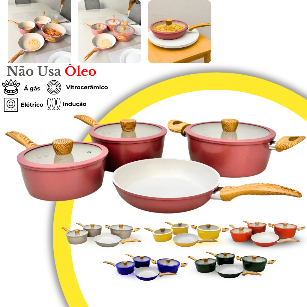 Imagem Jogo de Panelas 7 Peças Cerâmica Antiaderente Premium Conjunto Fogão Cooktop Indução Gás Elétrico