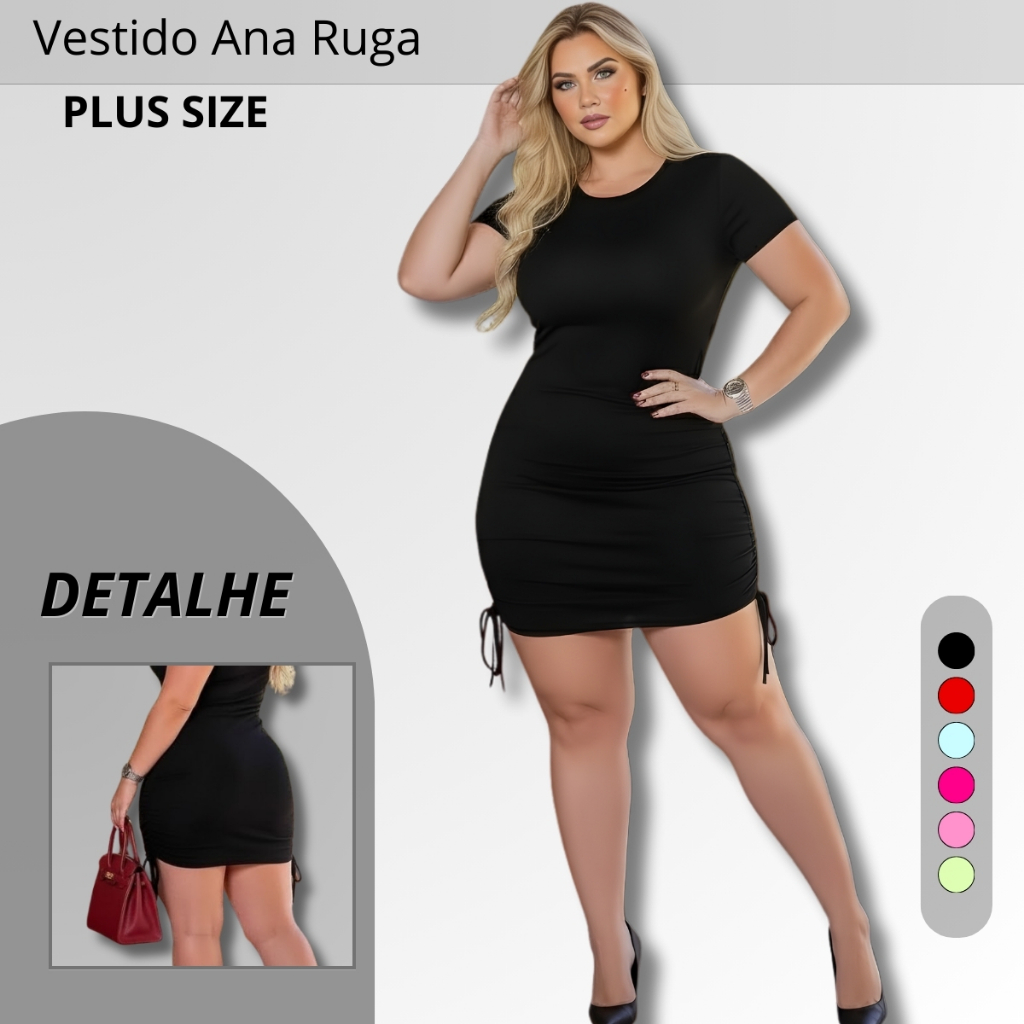 Vestido Plus Size Feminino Modelador Franzido Manga Curta em Oferta na Shopee