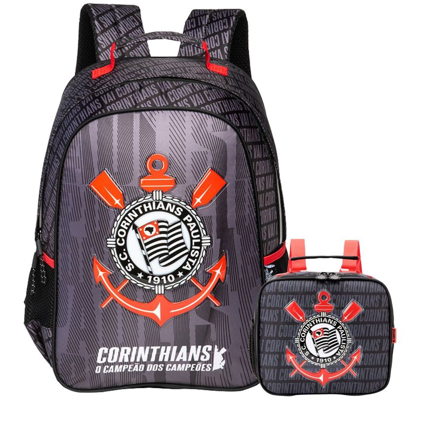 Kit Conjunto Escolar Infantil Menino Futebol Time Corinthians Timão Mochila de Costas + Lancheira Térmica