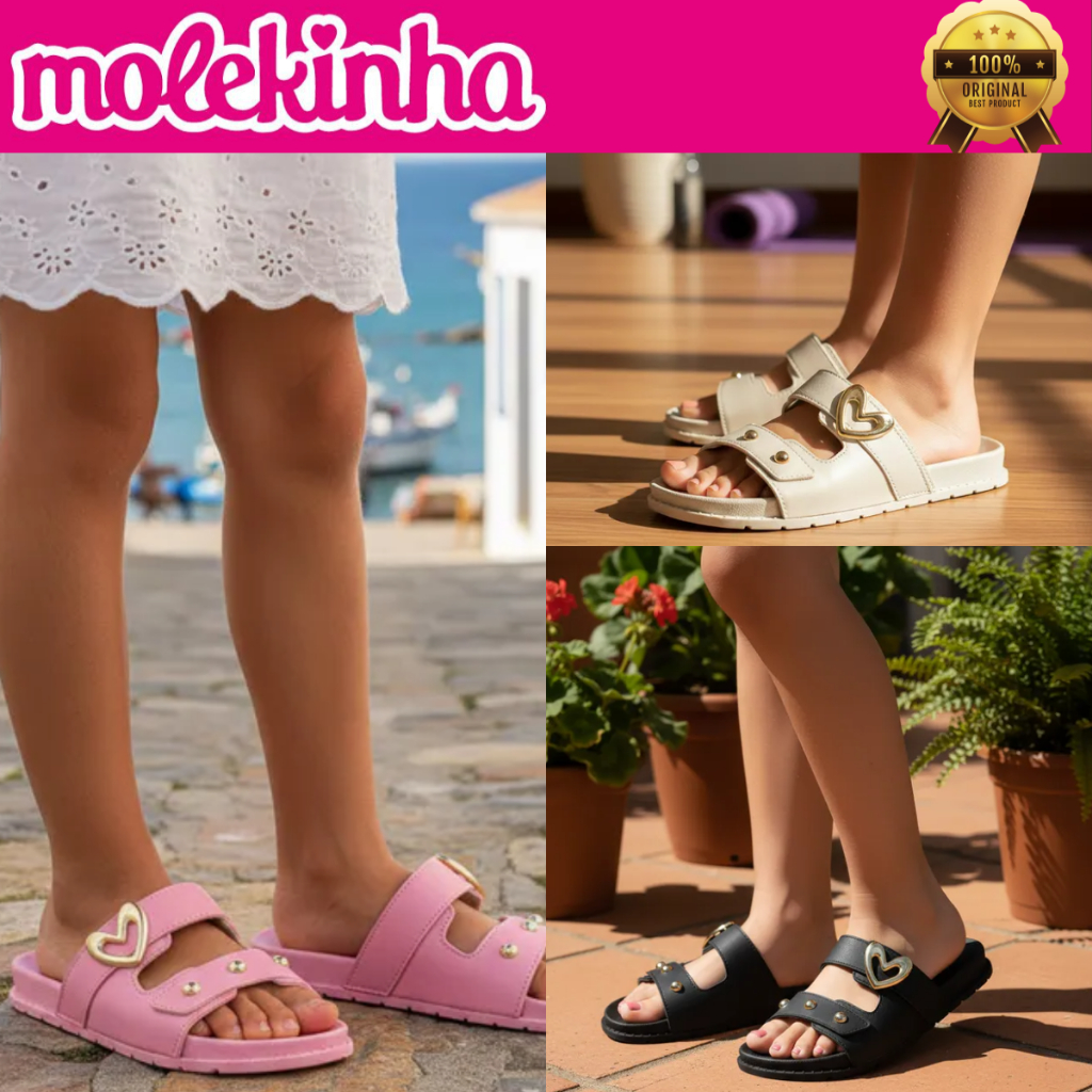 Sandália Molekinha Meninas Papete Infantil Slide Birken Detalhe Coração Pingentes 2341127 Original
