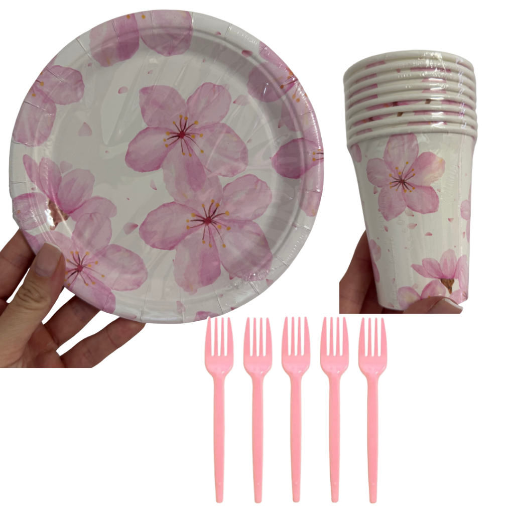 Kit Festa Jasmim 8 Copos 250 ml + 8 Pratos 18 cm + 8 Garfos Ponto das Festas Inspire Sua Festa Loja