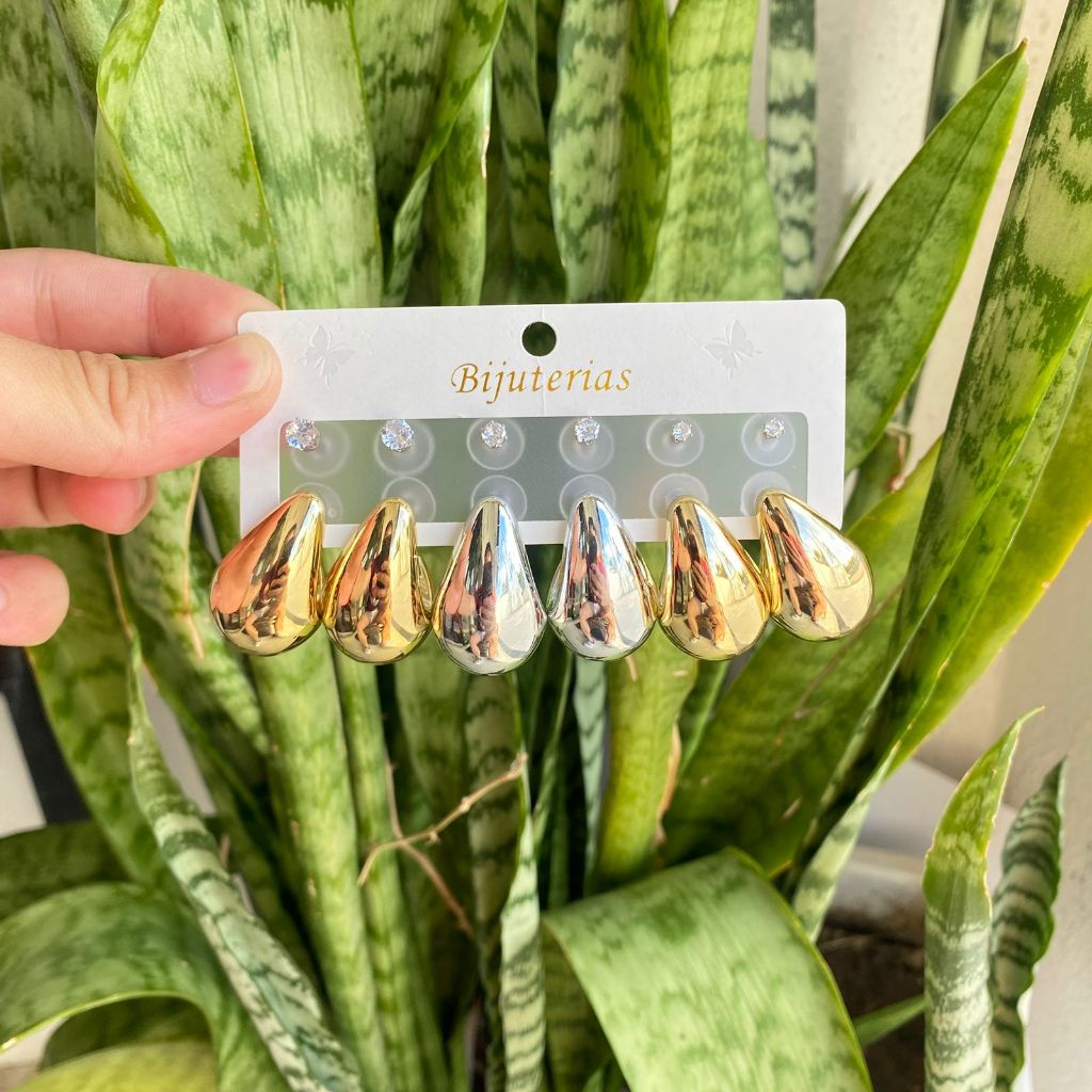 Kit Brincos Gota Dourado e Prateado – 6 Pares Feminino em Oferta na Shopee