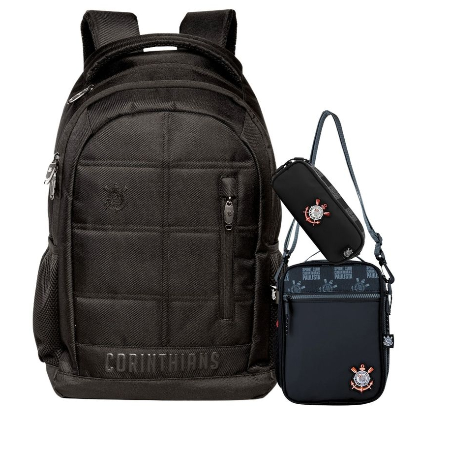 Kit Conjunto Escolar Juvenil Menino Futebol Time Corinthians Timão Mochila Costas + Lancheira + Estojo Duplo