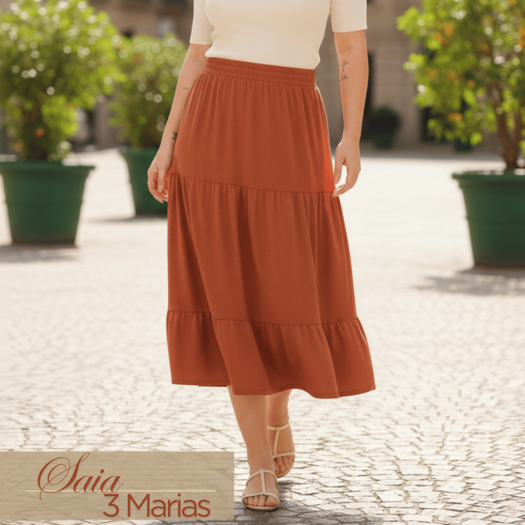 Saia Midi 3 Marias Cintura Alta Elástico Babados Malha 100% Algodao Premium Moda Evangélica Verão 2026 em Oferta na Shopee