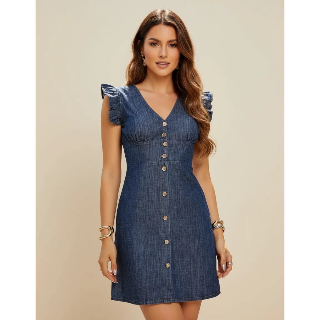 Vestido Jeans Feminino Manga Babado Acinturado Delicado em Oferta na Shopee