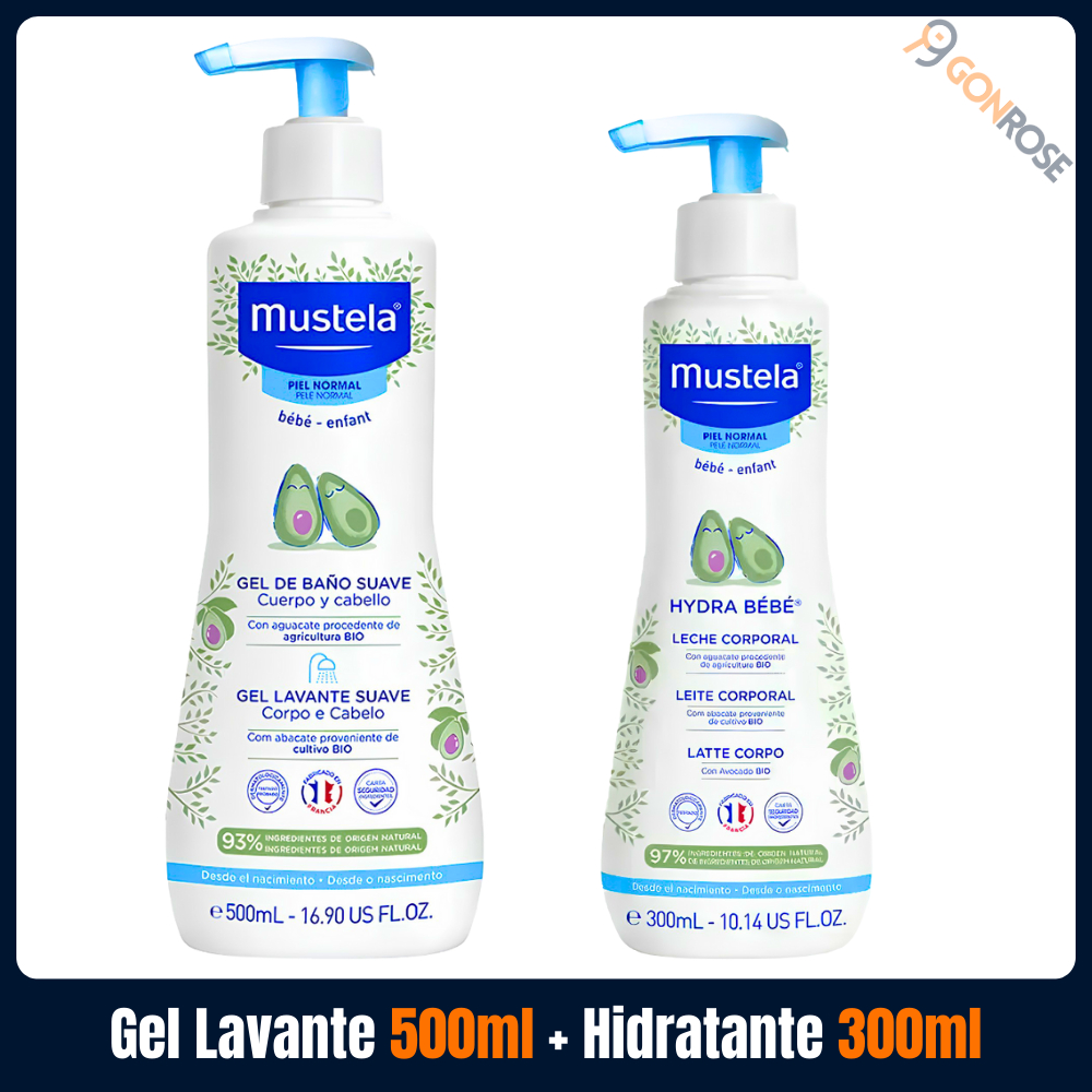 Kit com 1 Gel Lavante Suave Mustela Corpo e Cabelo 500ml + 1 Loção Hidratante Mustela Hydra Bebê 300ml