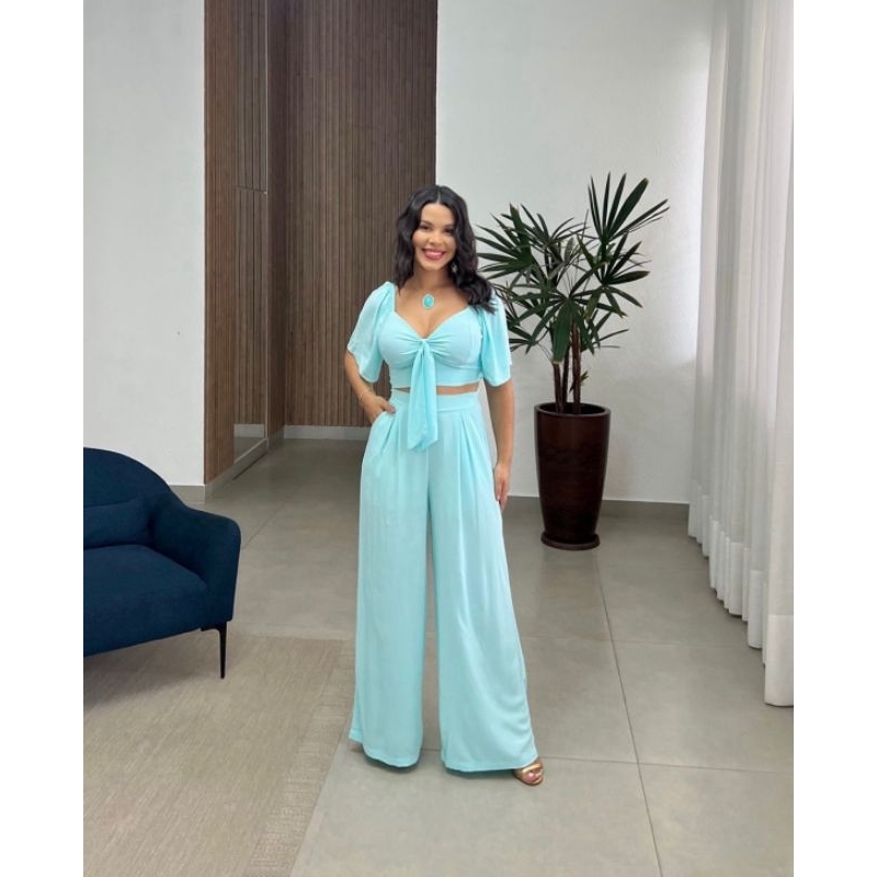 Conjunto Feminino luxo Verão Top Cropped com Calça Max Pantalona Viscolinho Premium Elegante Confortável Natal Ano novo