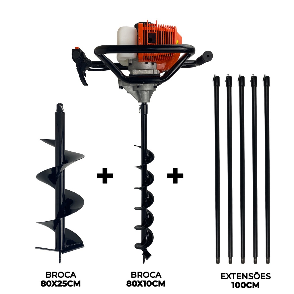 Perfurador de Solo a Gasolina 52cc 2,5HP com Brocas 80x10cm + 80x25cm + 5 Extensores 1m FAK520PS Carbon Fak
