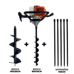 Perfurador de Solo a Gasolina 52cc 2,5HP com Brocas 80x10cm + 80x25cm + 5 Extensores 1m FAK520PS Carbon Fak