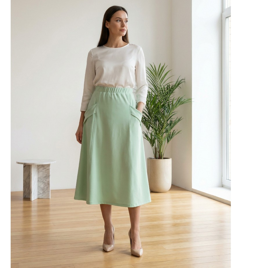 Saia Midi Feminina Malha Importada Premium com Bolsos –Verde, Rosa Crepe e Areia –Tamanhos M, G e GG em Oferta na Shopee