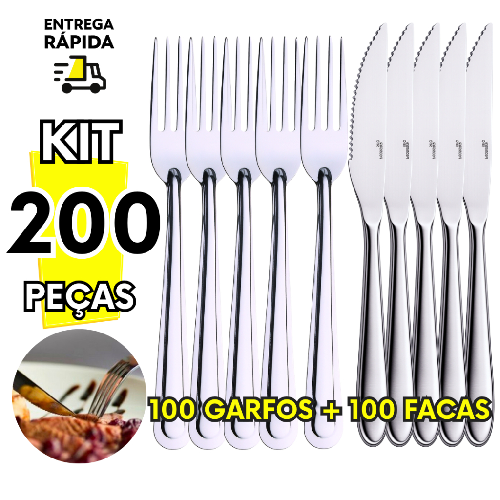 Kit 200 Peças Garfo e Faca Inox Para Cozinha Restaurante Buffet Eventos Pizzaria Churrascaria