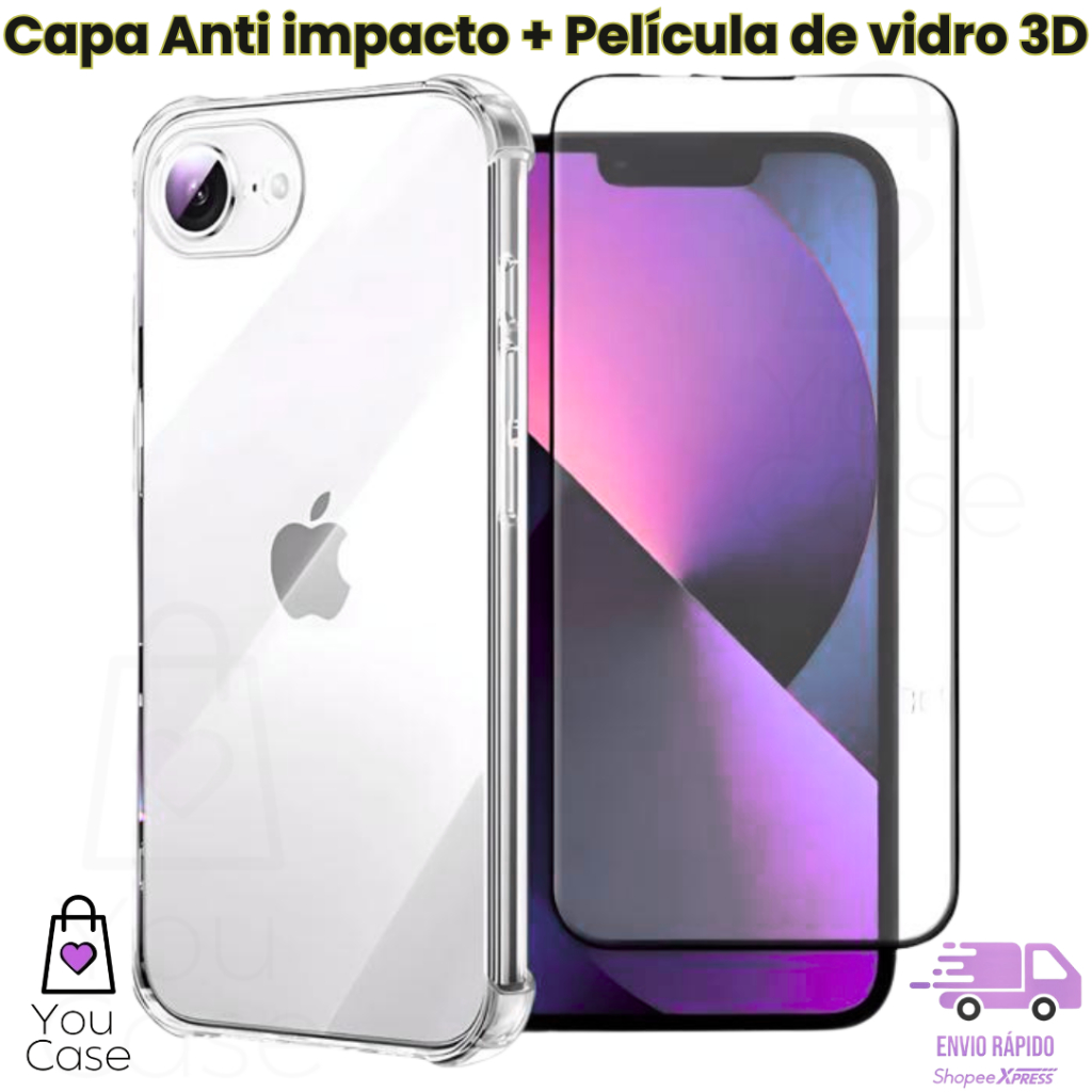 Capa Capinha + Película de vidro 3D IPhone 16e Capa Anti Impacto Bordas Reforçadas Transparente