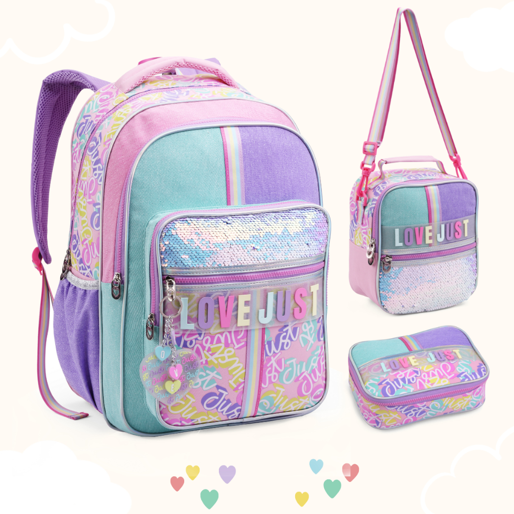 Kit Mochila De Costas Rainbow Escolar Lancheira Estojo Juvenil Premium Material de Qualidade Volta as Aulas Just Love