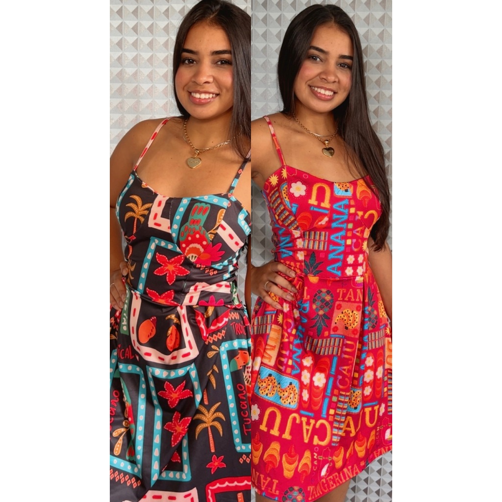 Kit 2 Vestidos Femininos Rodado Soltinho Moda Verão Alcinha Bojo  Estampado Natal