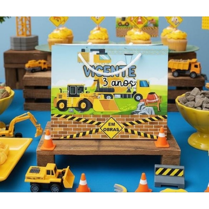 Sacolinha G Personalizada Construção Lembrancinha de Aniversário Festa Infantil