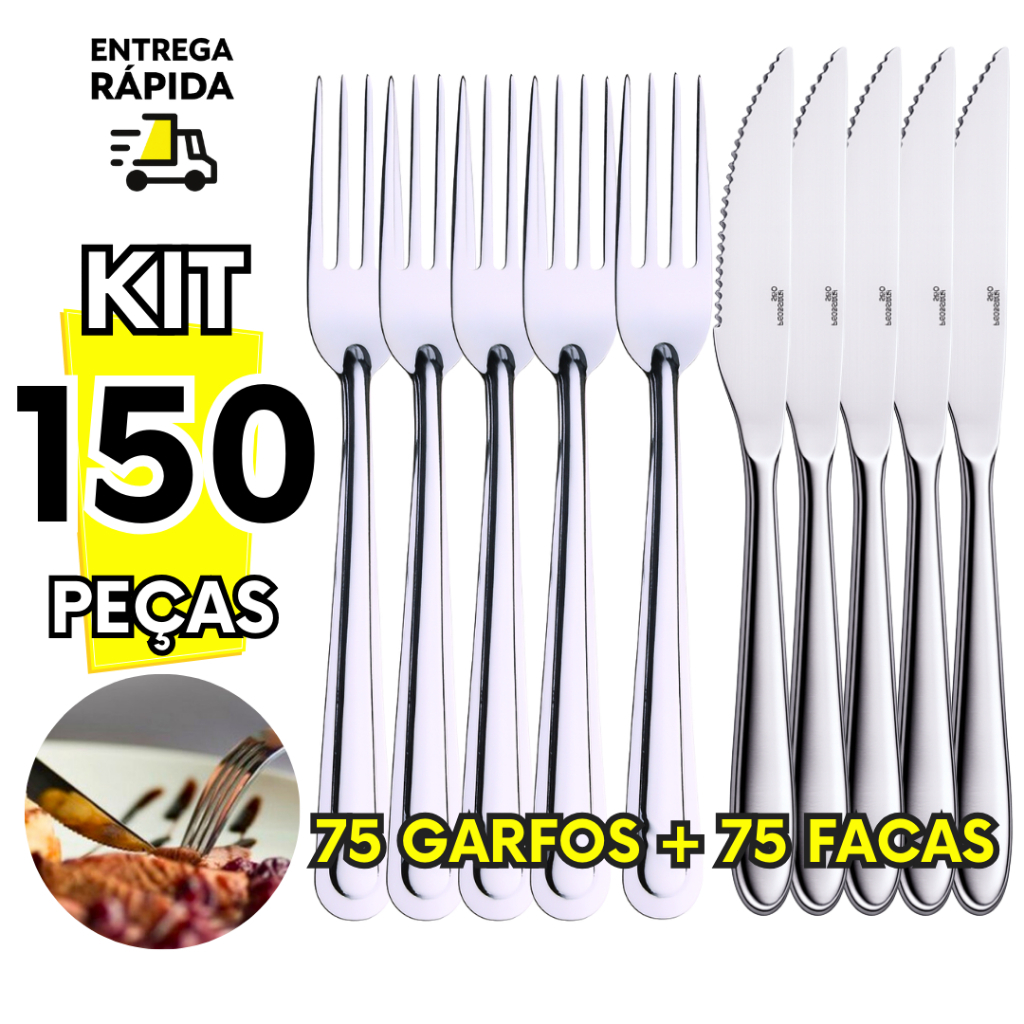 Conjunto Garfo e Faca Kit 150 Peças Em Inox Talher Para Festas Bares Buffet Pizzarias Churrascarias