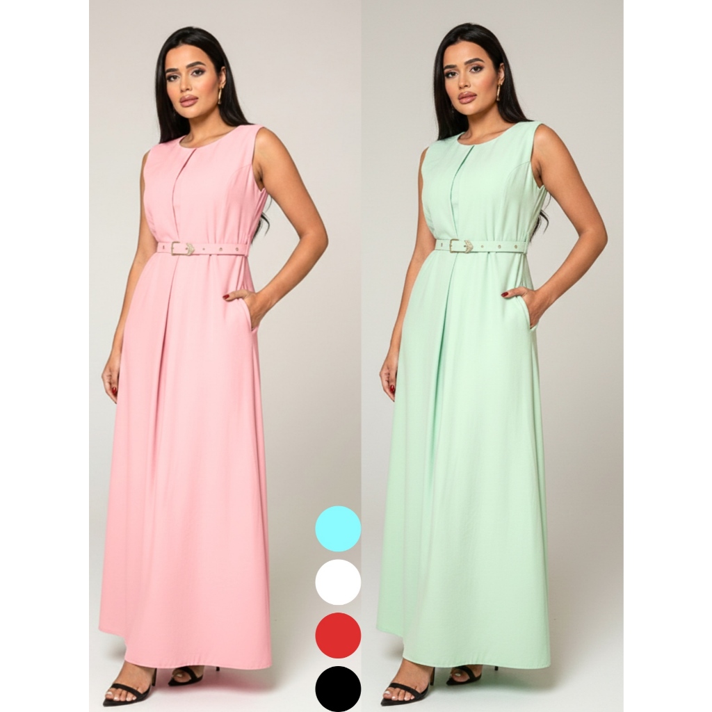 Vestido Longo Feminino Elegante Regata Sem Mangas com Cinto Ajustável Para Festa