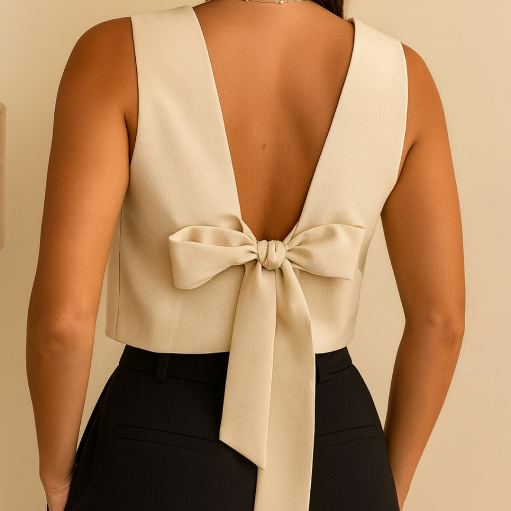 Blusa Cropped Feminina DUNA– Laço Costas, Moda Verão, Look Fresquinho