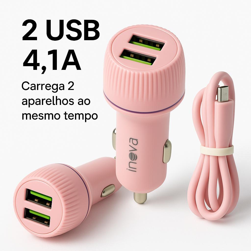 Carregador De Celular Veicular Carro Automovel Inova V8 G06-S 4.1A Turbo Rápido 2 USB + Cabo 1M IPhone serve Android