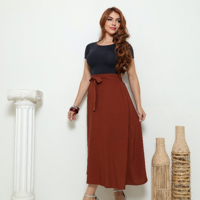 Saia Feminina Midi de Viscolinho com Elástico e Forro Amarração Regulável em Oferta na Shopee