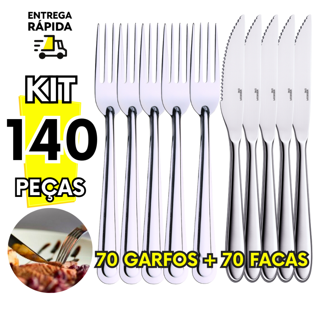 Kit Garfo e Faca 140 Peças Em Aço Inox Ideal Para Cozinha Pizzarias Churrascarias Festas Eventos