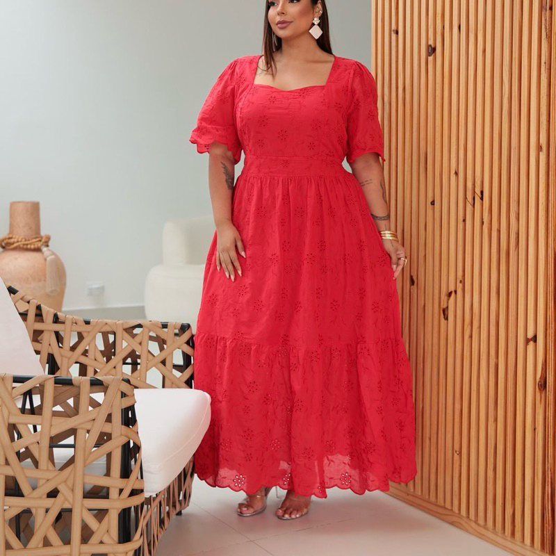 Vestido longo plus size lesie renda forrado G2 G3 em Oferta na Shopee