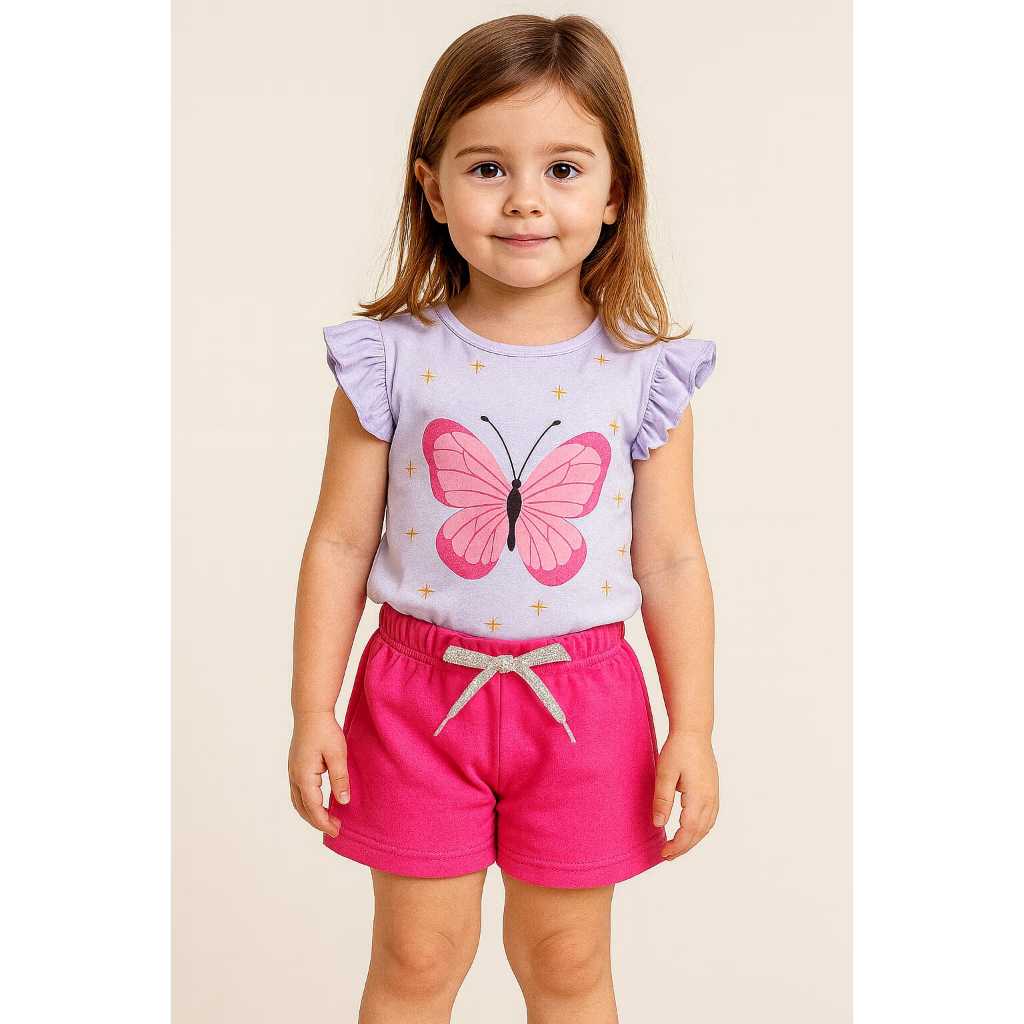 Conjunto verão infantil menina.Blusa+Bermuda com cadarço com brilho em Oferta na Shopee