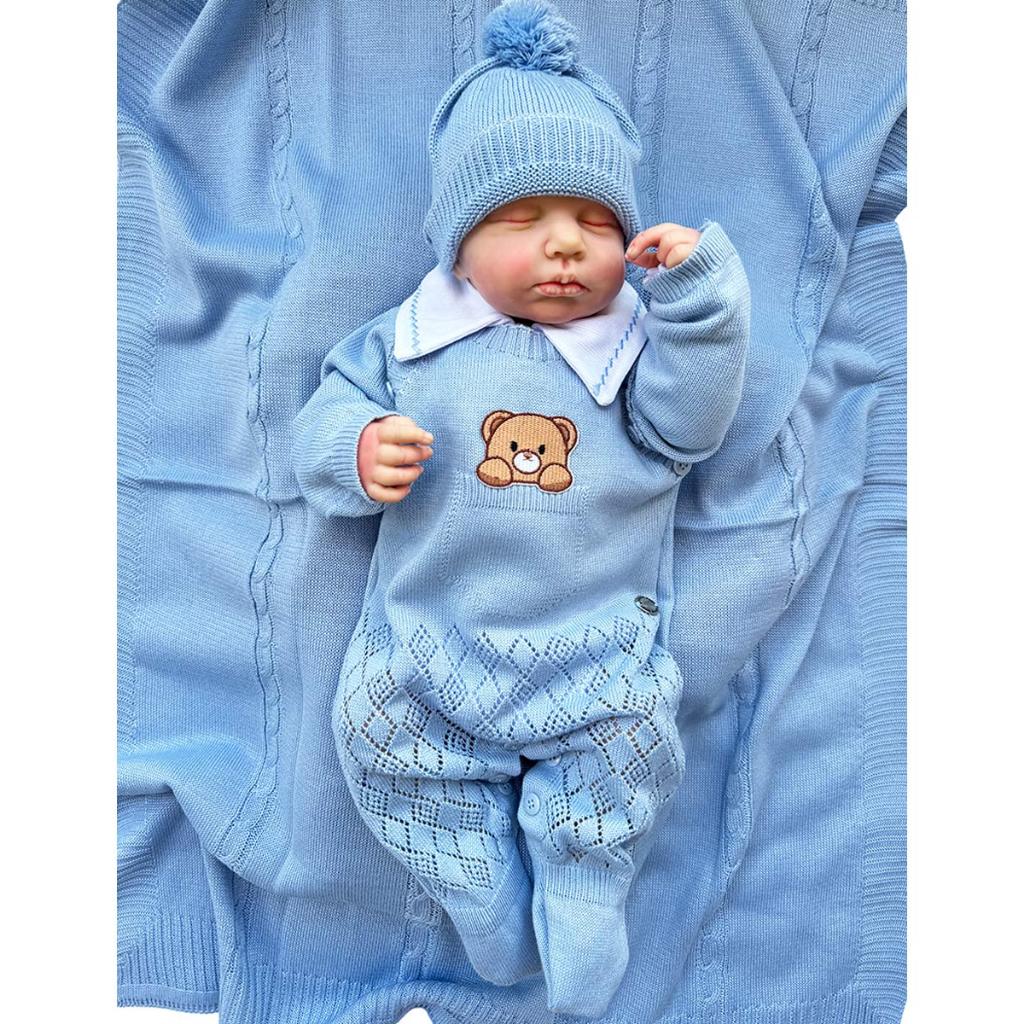 Conjunto Saida Maternidade menino Recem Nascido trico kit RN Completo Macacão Urso
