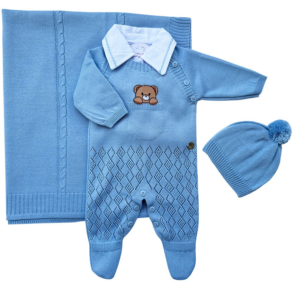 Conjunto Saida Maternidade menino Recem Nascido trico kit RN Completo Macacão Urso